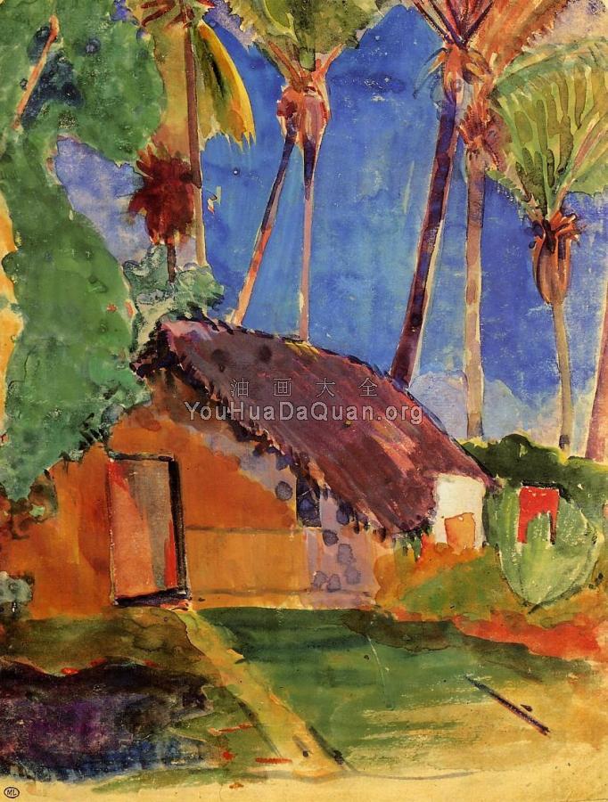 Thatched Hut under Palm Trees - 保罗·高更